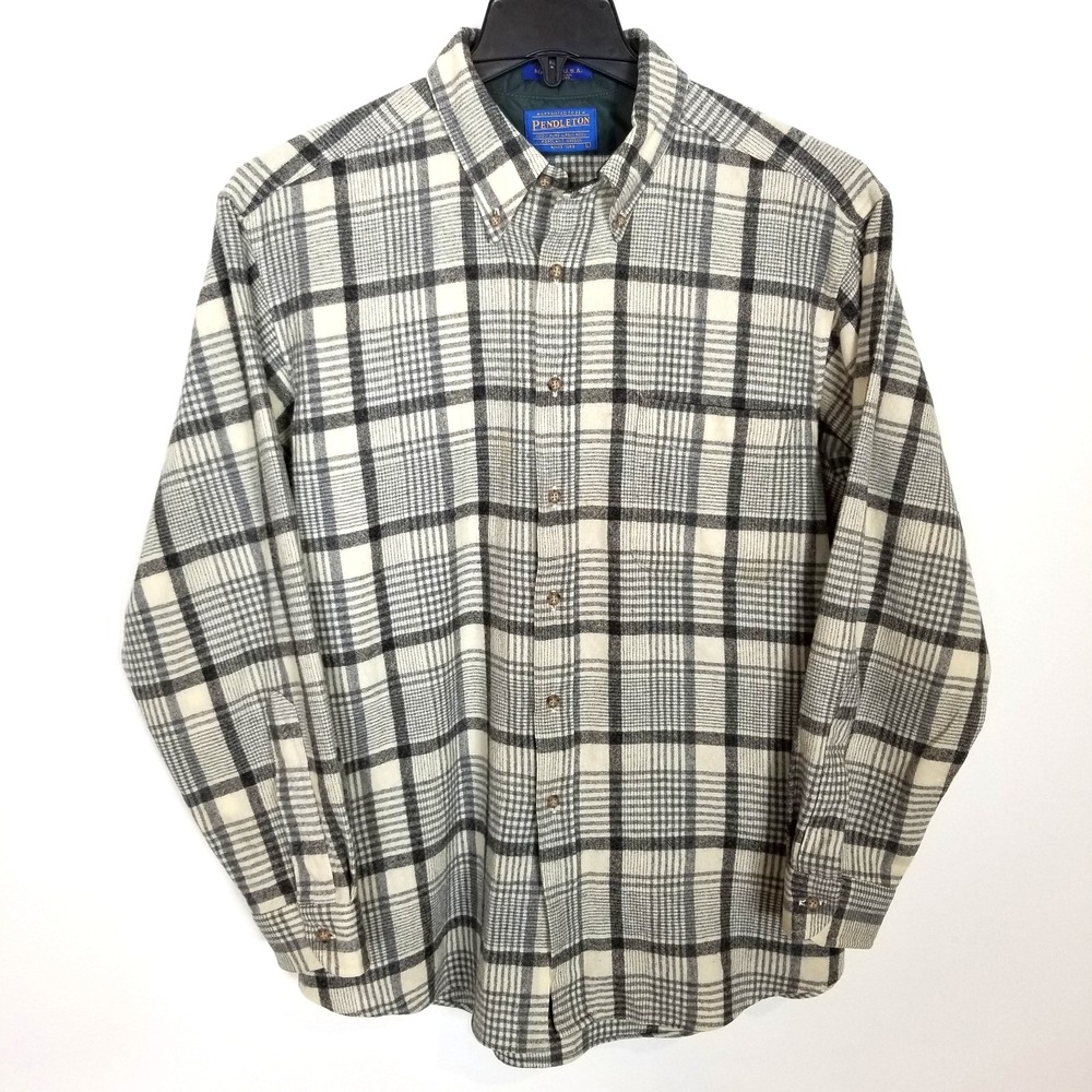 VTG 90s Pendleton Virgin Wool Flannel Plaid Button Up Shirt sz L Gray White USA